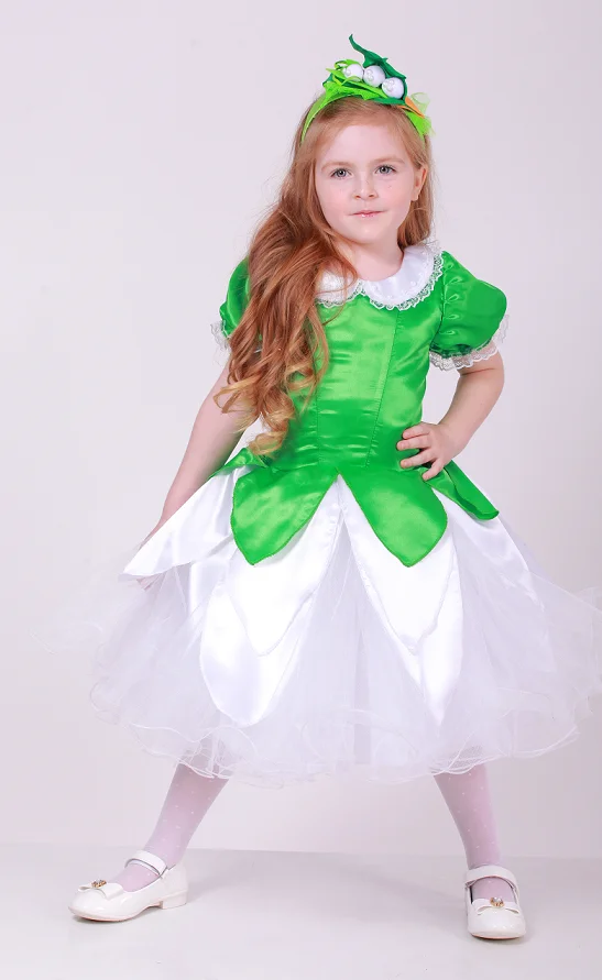 Карнавальный костюм платье Фасоль для девочки короткое с пышной юбкой бело зеленое