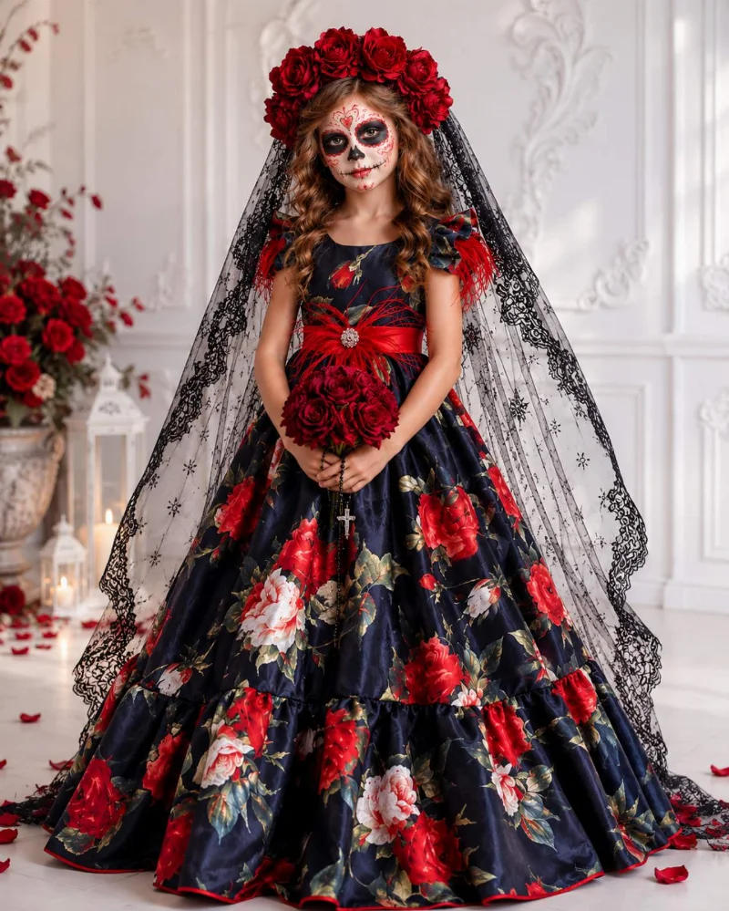 Mexican Rose Costume for Girls, La Catrina, Santa Muerte