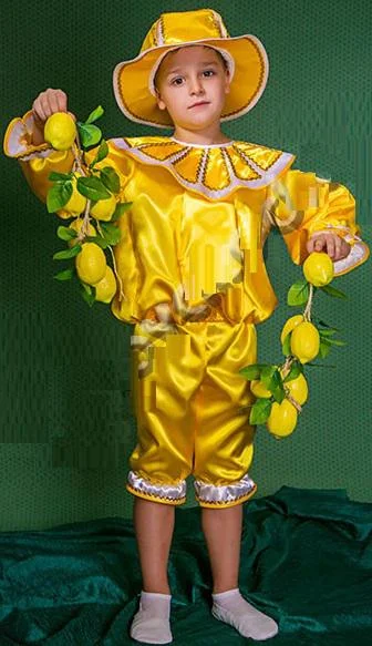 Карнавальный костюм для мальчика Лимон: кофта, бриджи и шапочка; желтого цвета