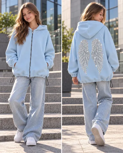 Blue Insulated Wings Rhinestone Zip Hoodie Madlen