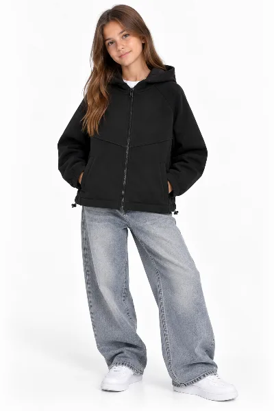 Black zip-up hoodie for girls, warm three-thread fleece 2320 BossKids