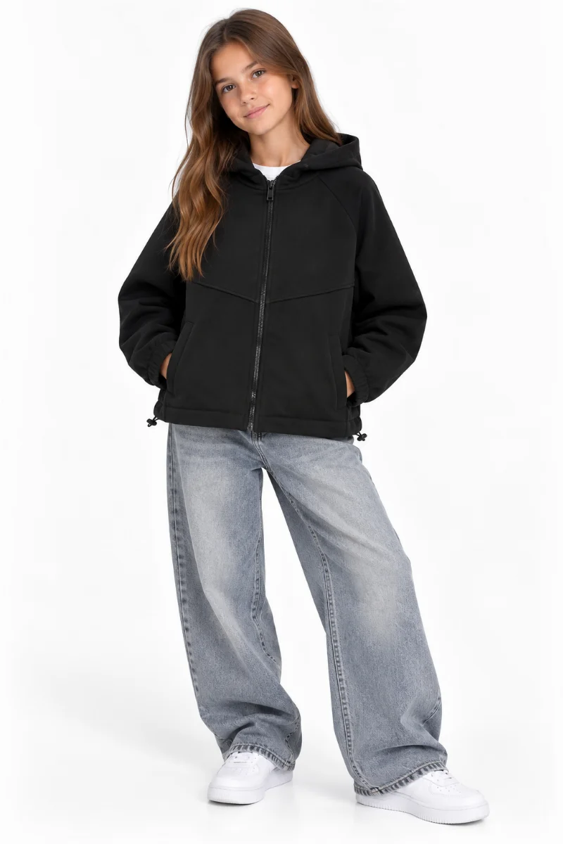 Black zip-up hoodie for girls, warm three-thread fleece 2320 BossKids