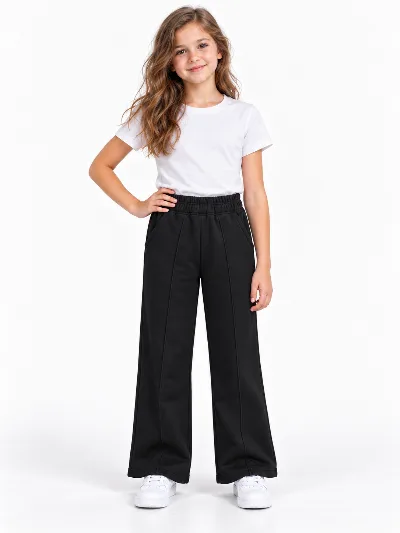 Girls' Insulated Palazzo Trousers with Creases in Black 479