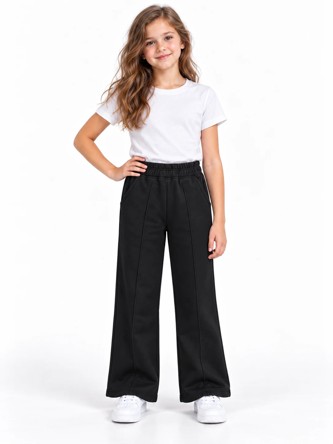 Girls' Insulated Palazzo Trousers with Creases in Black 479