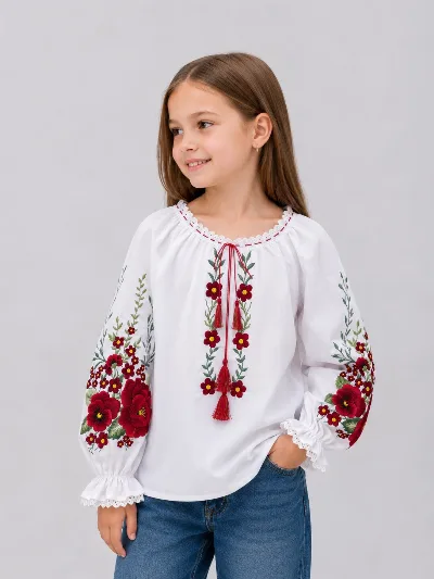 Рубашка для девочки «Вьюнок» (красная вышивка), батист