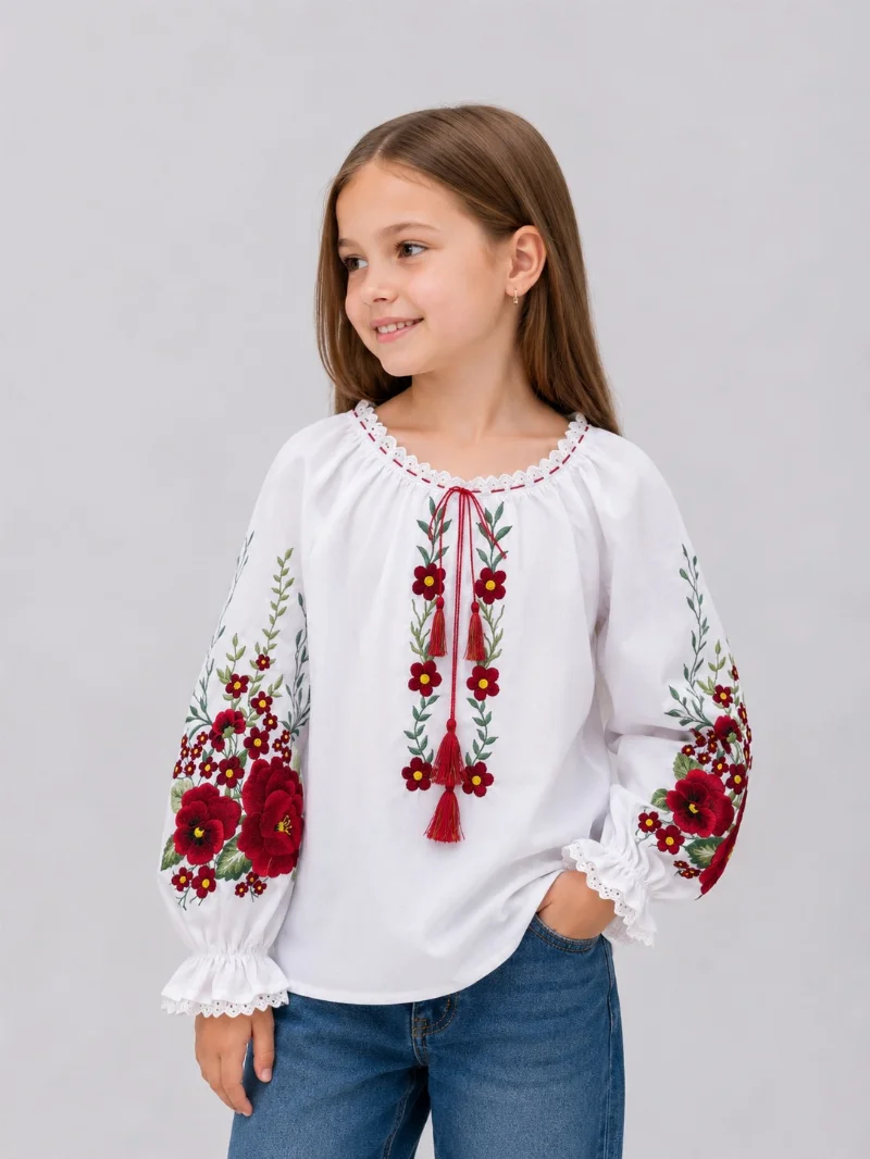 Сорочка вишиванка для дівчинки  вьюнок червоний батіст Україна