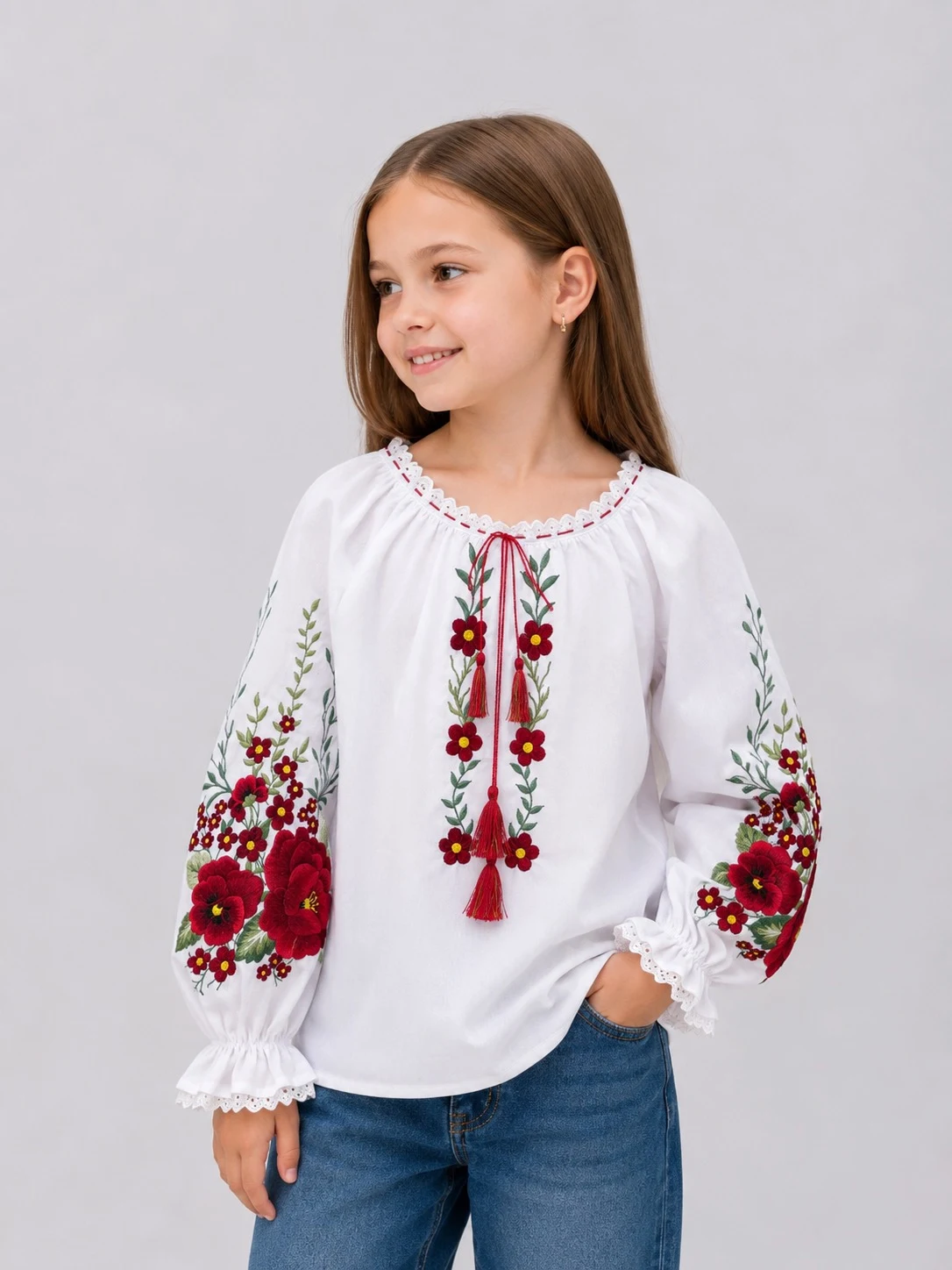 Сорочка вишиванка для дівчинки  вьюнок червоний батіст Україна