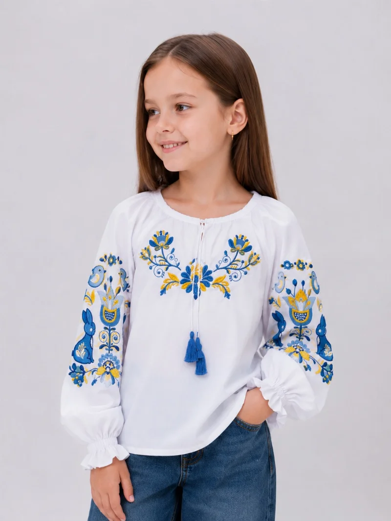 Сорочка-вишиванка для дівчинки Зайчик жовто блакитна Україна