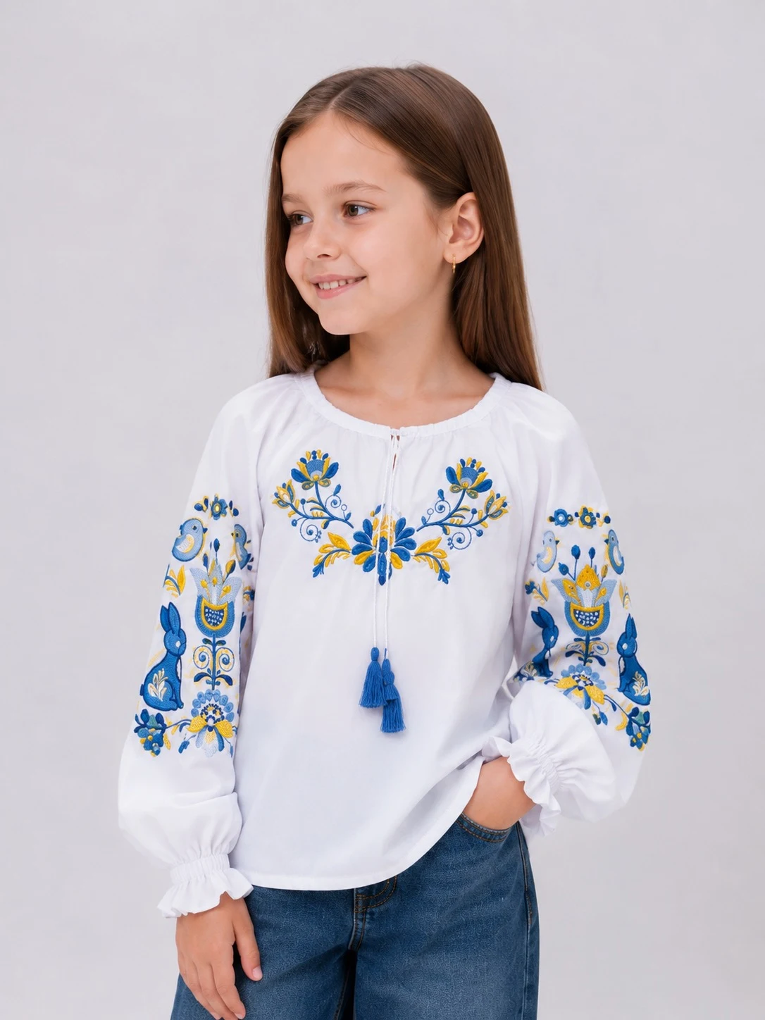 Сорочка-вишиванка для дівчинки Зайчик жовто блакитна Україна