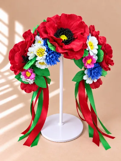 Flower crown with a large poppy and ribbons №52, handmade from foamiran