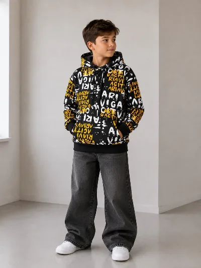 Teen boy's hoodie, black/yellow/white print 5637 DOFFBI