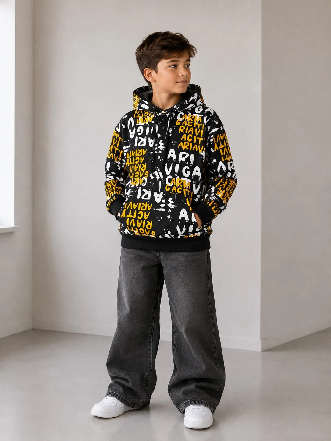 Teen boy's hoodie, black/yellow/white print 5637 DOFFBI