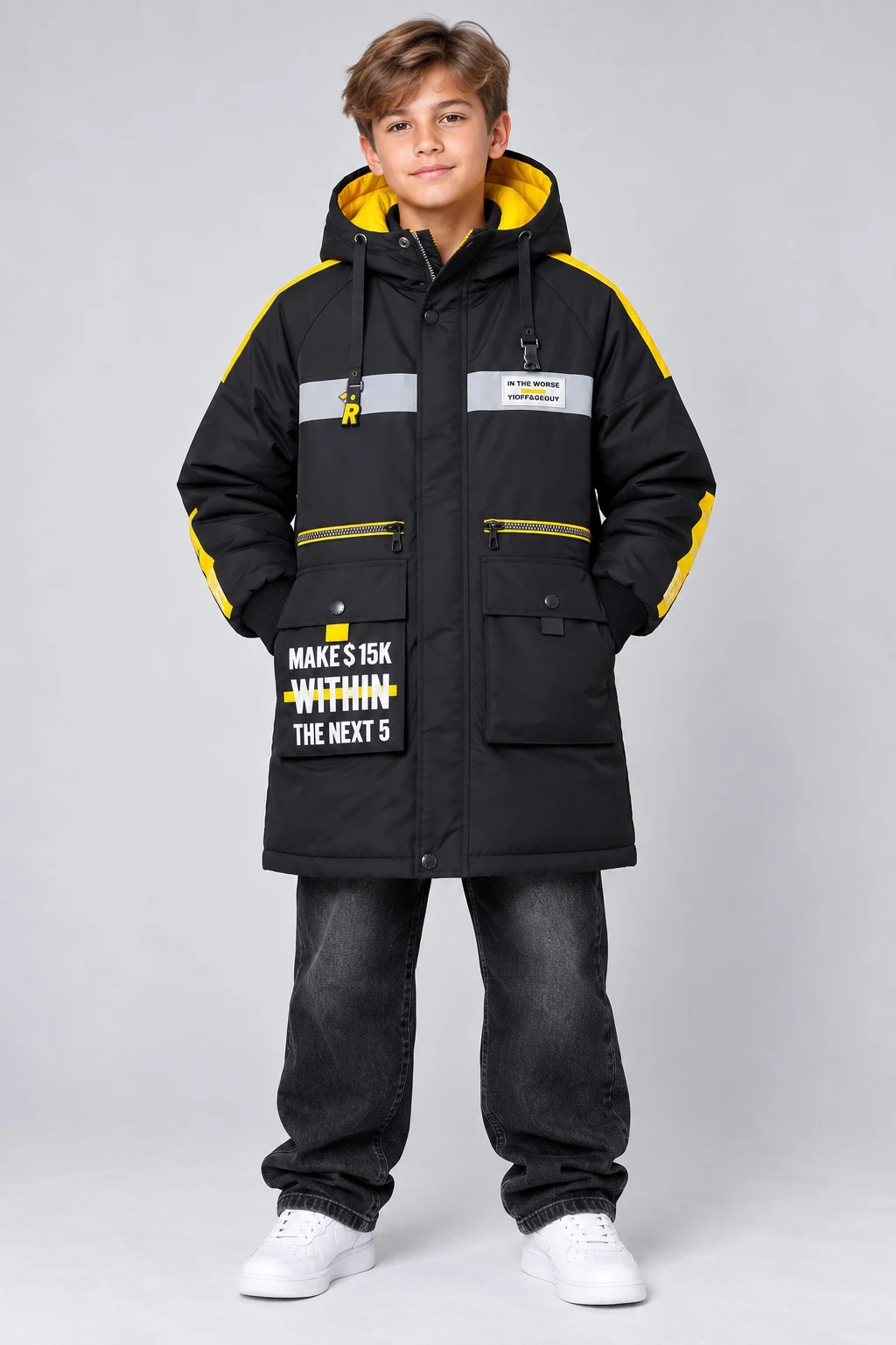 Winter Parka Jacket for Boys Black and Yellow, 2222 China