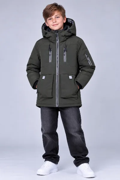 Winter Parka Jacket for Boys with Reflective Elements, Khaki PLeseS