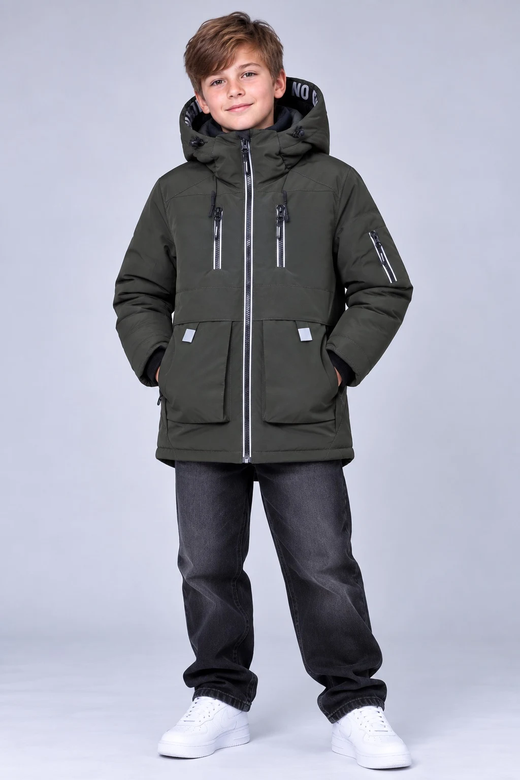 Winter Parka Jacket for Boys with Reflective Elements, Khaki PLeseS