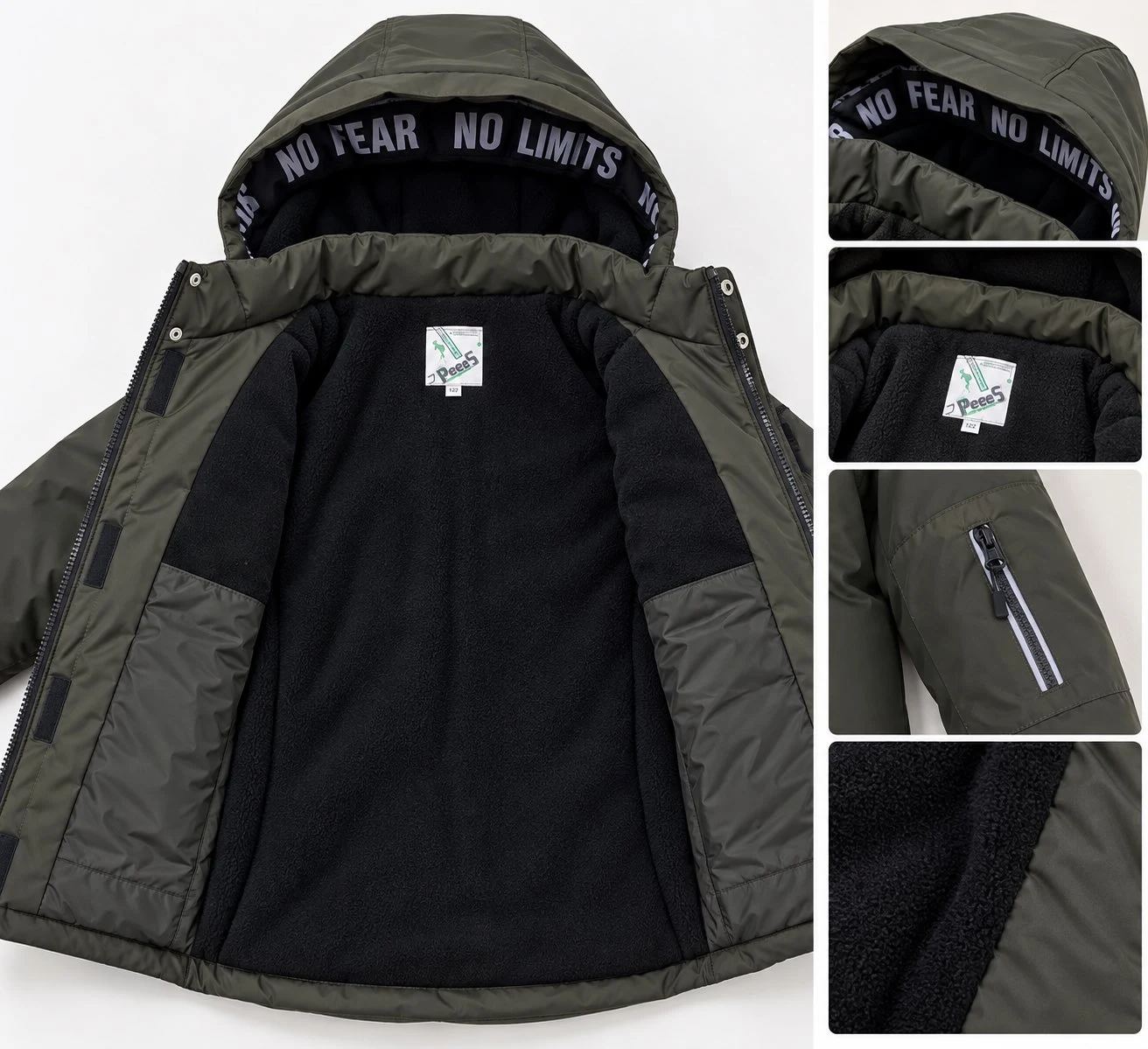 Winter Parka Jacket for Boys with Reflective Elements, Khaki PLeseS