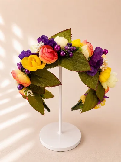 Floral headband with purple and cream peonies