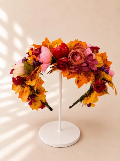 Autumn headband with roses, apple, and maple leaves