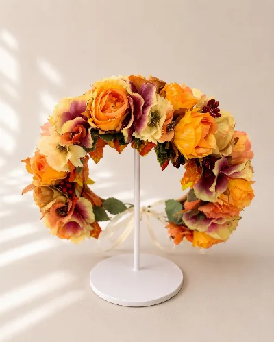 Autumn Wreath with Orange Roses and Hydrangeas
