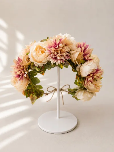 Floral wreath with cream and peach peonies and dahlias
