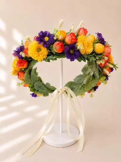 Floral wreath with yellow chrysanthemums and purple cosmos