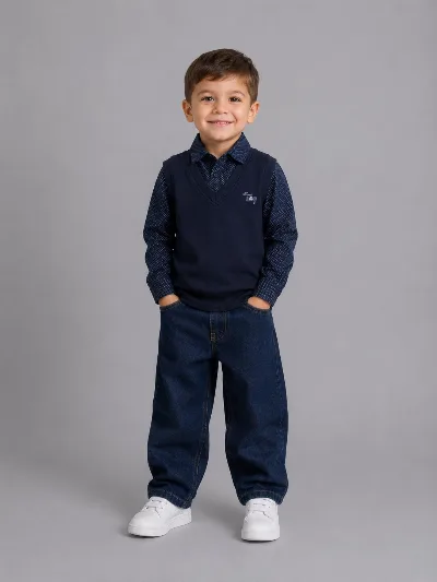 Faux-layered shirt for boys, dark blue, art. 310, Turkey