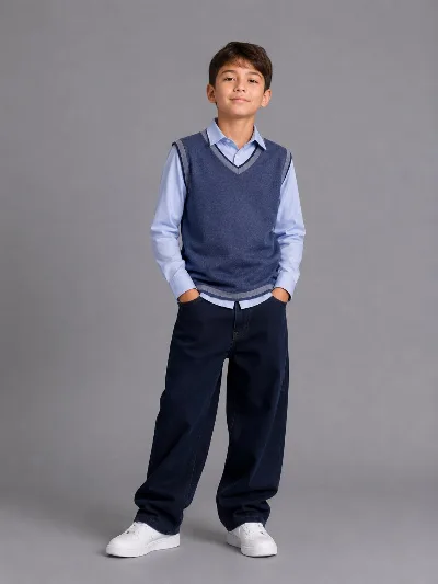 Knitted blue melange vest for boys 8785 Turkey